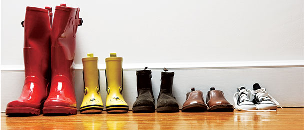 Footwear of varying sizes in a row.