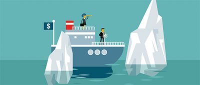 Illustration of a boat passing icebergs.